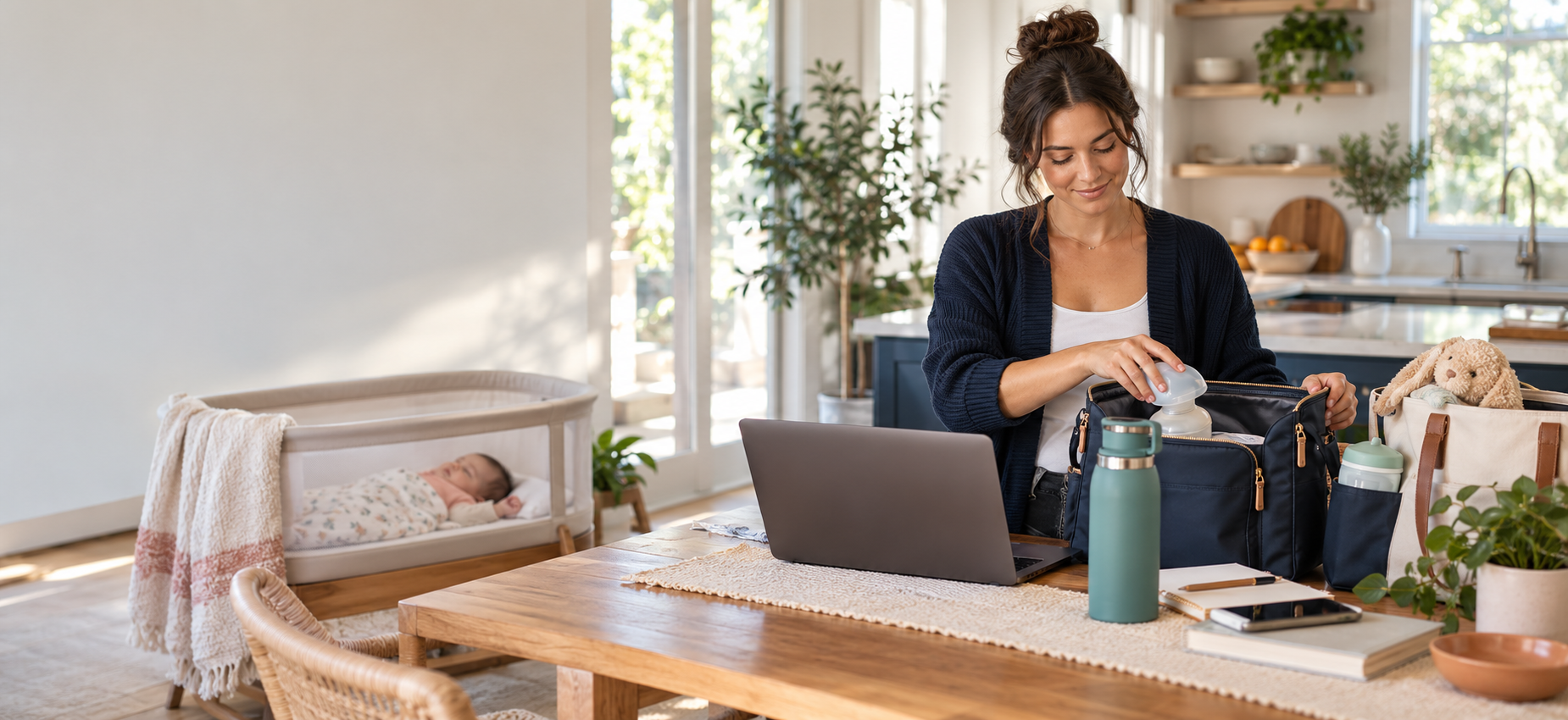 A mother calmly preparing her work and pumping bags at a kitchen table while her baby rests nearby
